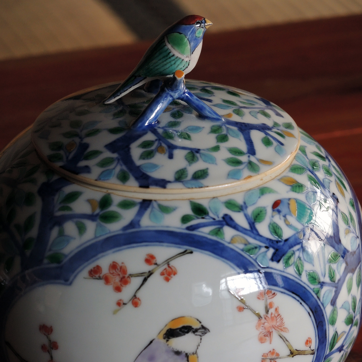 Bird Pot, overglaze enamels