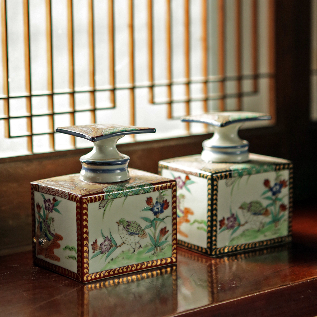 Square Bottle, overglaze enamels